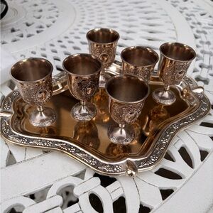 Ornate Silver- Tone 6-Piece Goblet and Tray Set